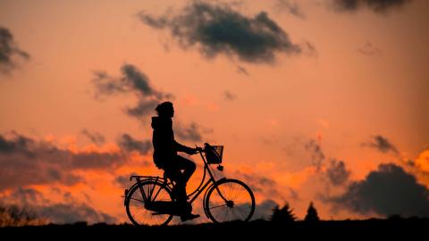 man riding bicycle at sunset
