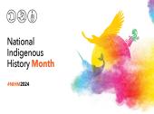 Indigenous History Month graphic with 3 illustrations: an eagle representing First Nations, a narwhal representing Inuit, and a violin representing Métis. These illustrations are placed around the sun and surrounded by multicoloured smoke that represents Indigenous traditions, spirituality, inclusion and diversity.