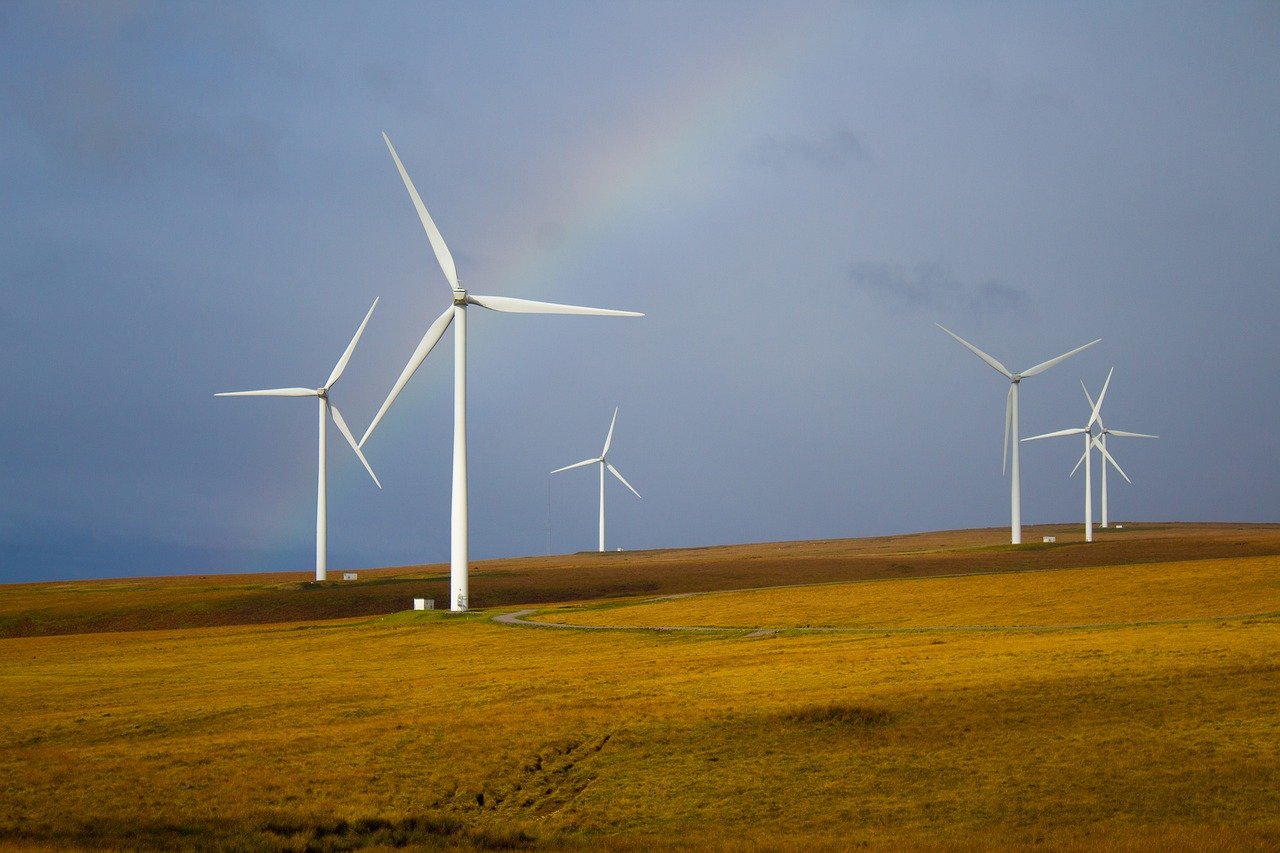 several windmills standing in a grassy field with a rainbow in the background